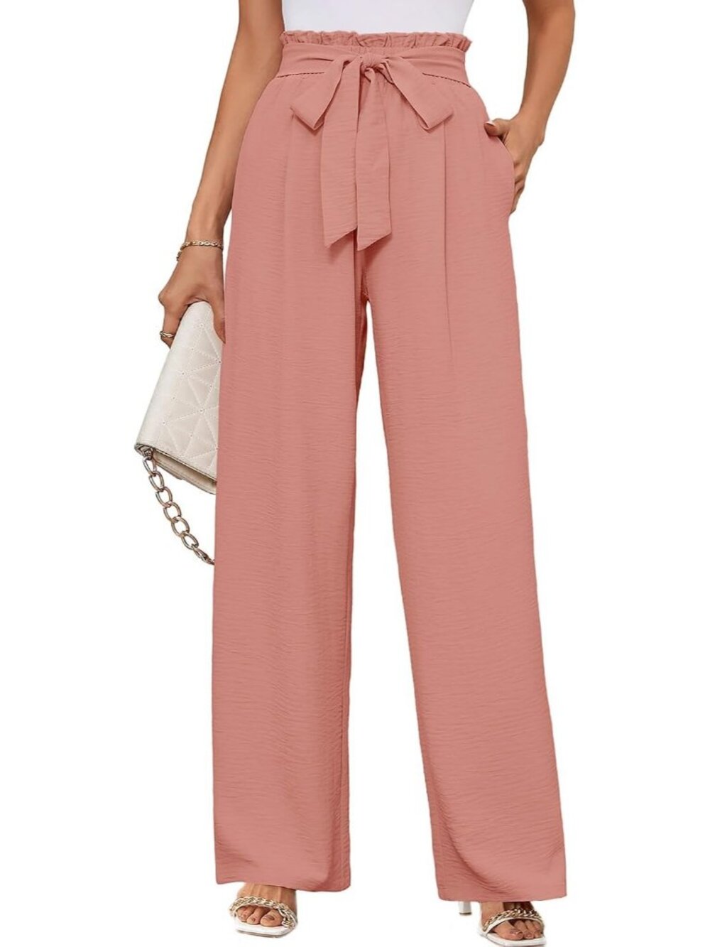 Women's Pink Wide Leg Pant High Waisted Tie Knot Loose Comfy Casual Trouser